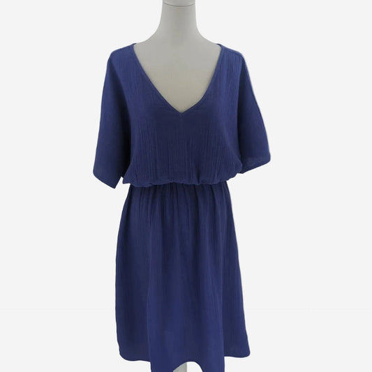 Damen Sommerkleid Blau Locker aus Baumwolle mit V Ausschnitt bpc