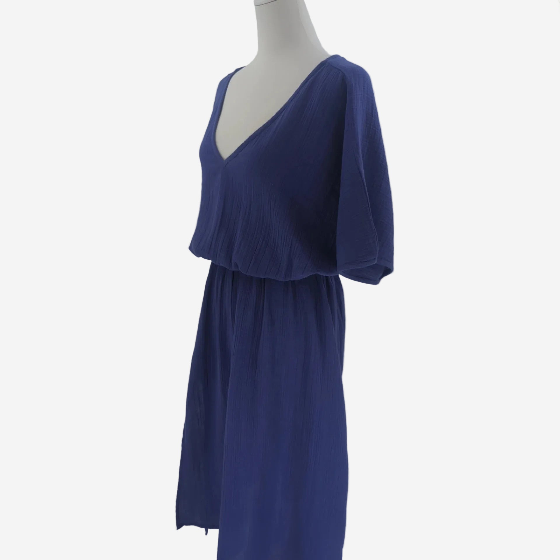 Damen Sommerkleid Blau Locker aus Baumwolle mit V Ausschnitt bpc
