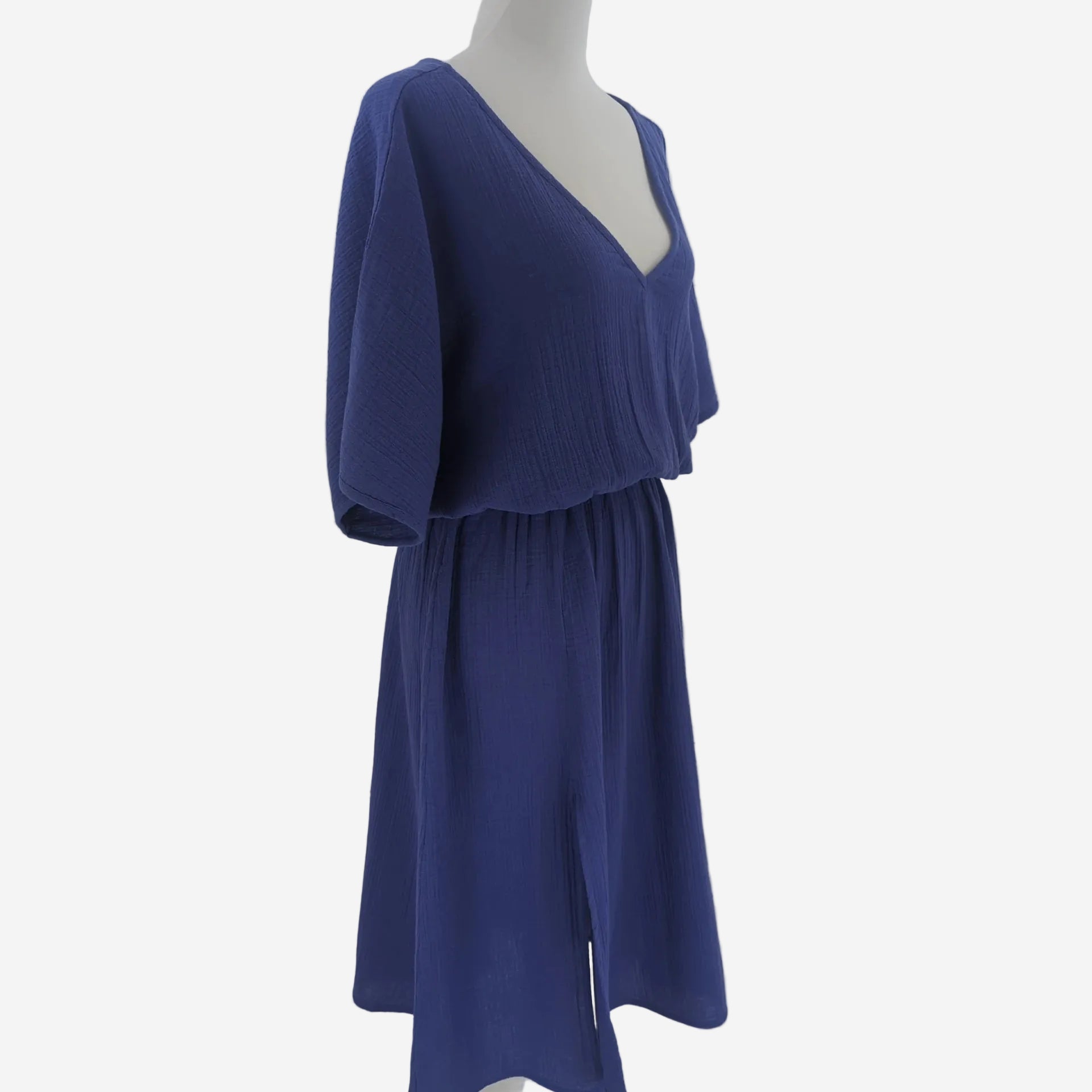 Damen Sommerkleid Blau Locker aus Baumwolle mit V Ausschnitt bpc