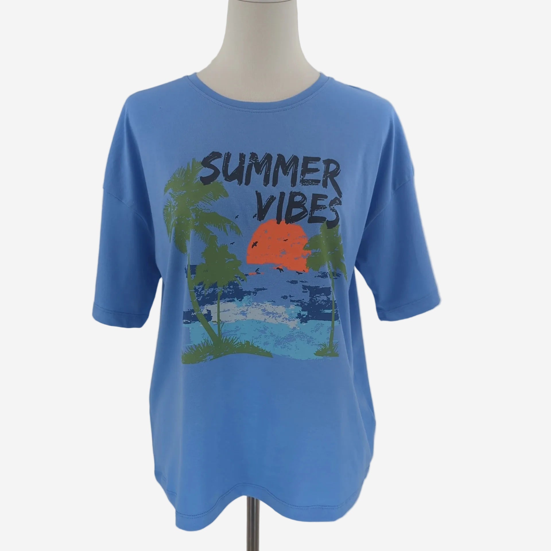 Damen Sommer T-Shirt Blau mit Tropical Print „Summer Vibes“ Baumwolle