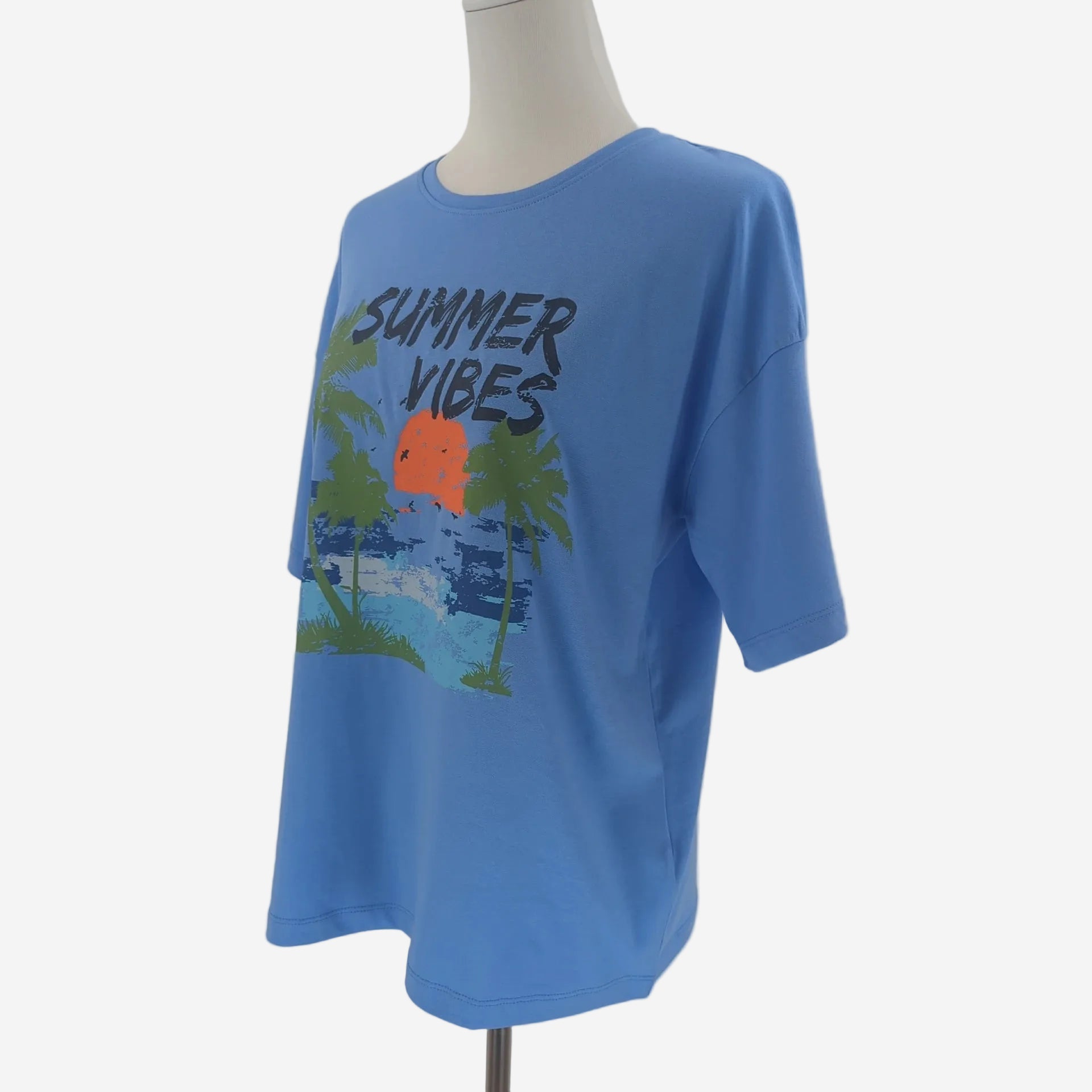 Damen Sommer T-Shirt Blau mit Tropical Print „Summer Vibes“ Baumwolle