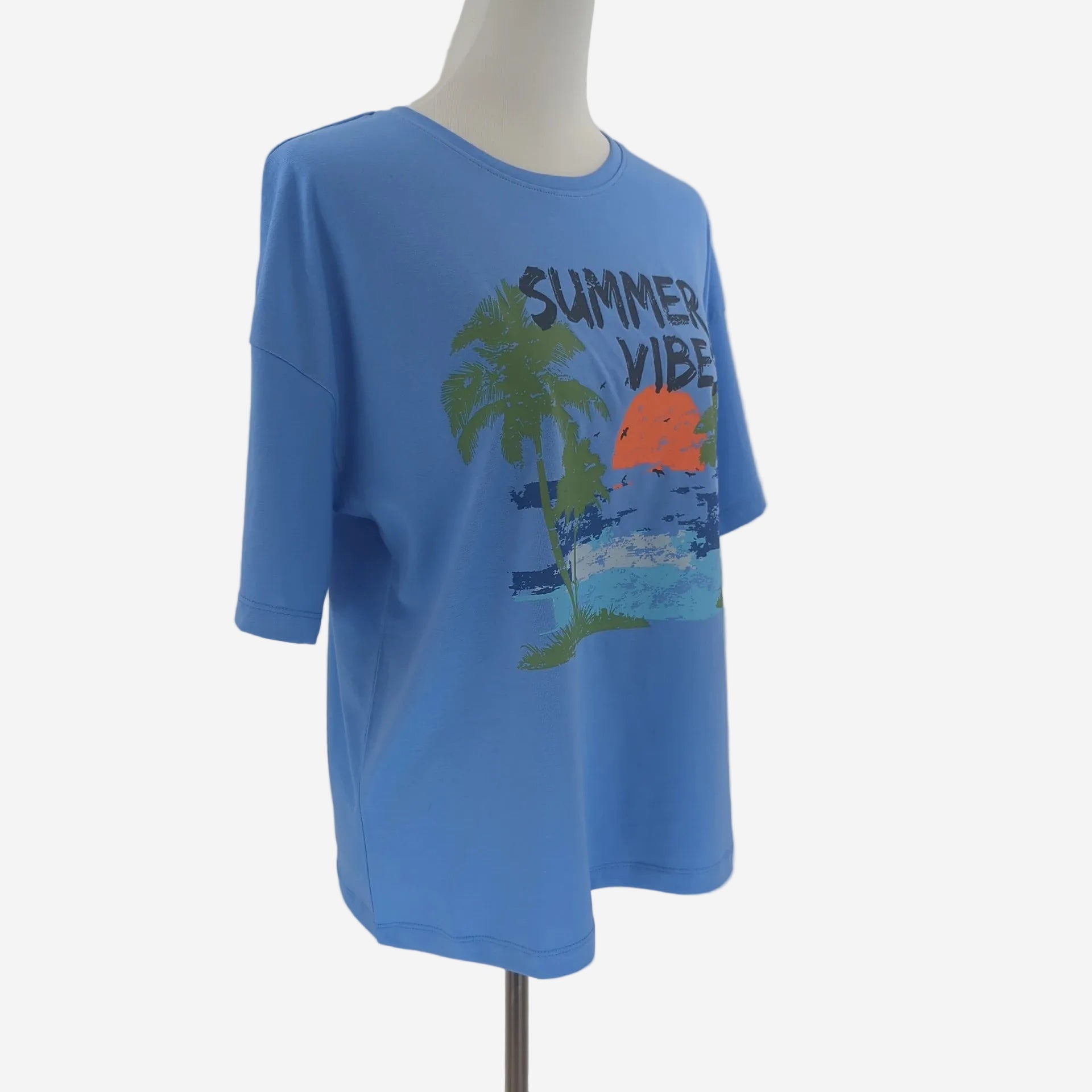 Damen Sommer T-Shirt Blau mit Tropical Print „Summer Vibes“ Baumwolle